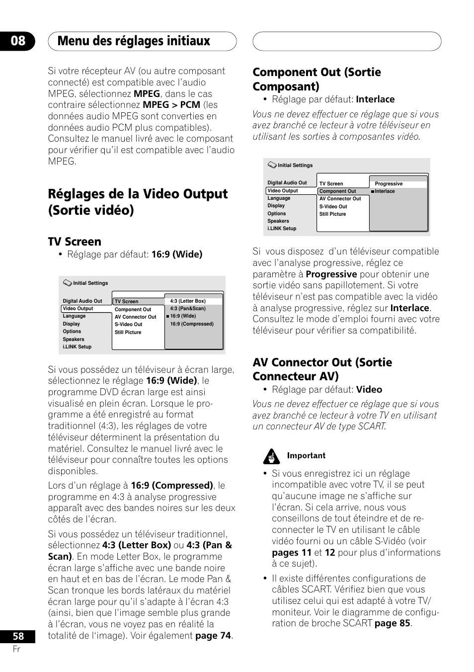 Réglages de la video output, Tv screen component out av connector out, Menu des réglages initiaux 08 | Réglages de la video output (sortie vidéo), Component out (sortie composant), Av connector out (sortie connecteur av), Tv screen, Réglage par défaut: 16:9 (wide) | Pioneer DV-757Ai User Manual | Page 58 / 172