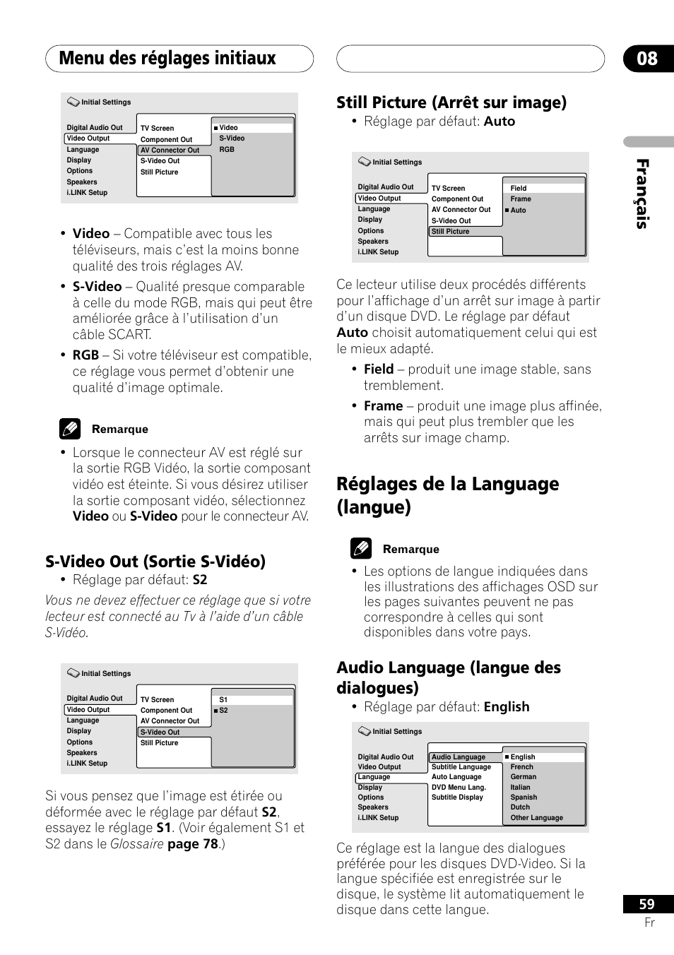 S-video out still picture, Réglages de la language, Audio language | Menu des réglages initiaux 08, Réglages de la language (langue), Français still picture (arrêt sur image), Audio language (langue des dialogues), S-video out (sortie s-vidéo), Réglage par défaut: auto, Réglage par défaut: english | Pioneer DV-757Ai User Manual | Page 59 / 172