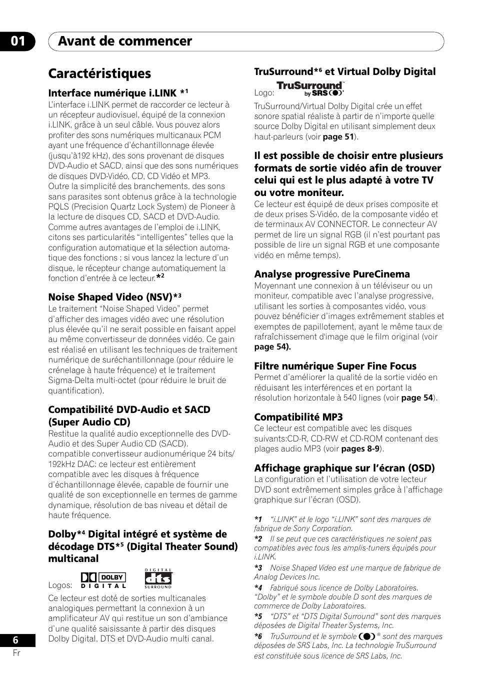 Caractéristiques, Avant de commencer 01 | Pioneer DV-757Ai User Manual | Page 6 / 172