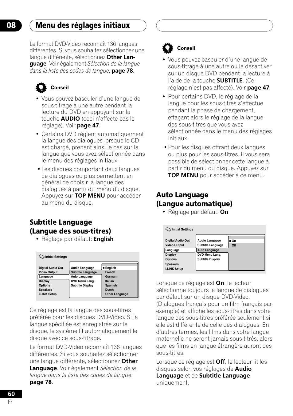 Subtitle language auto language, Menu des réglages initiaux 08, Auto language (langue automatique) | Subtitle language (langue des sous-titres), Réglage par défaut: on, Réglage par défaut: english | Pioneer DV-757Ai User Manual | Page 60 / 172