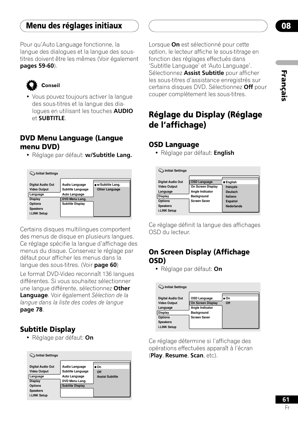 Dvd menu language subtitle display, Réglage du display, Osd language on screen display | Menu des réglages initiaux 08, Réglage du display (réglage de l’affichage), Français, Dvd menu language (langue menu dvd), Subtitle display, Osd language, On screen display (affichage osd) | Pioneer DV-757Ai User Manual | Page 61 / 172