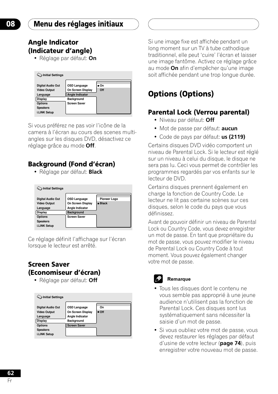 Angle indicator background screen saver, Options, Parental lock | Menu des réglages initiaux 08, Options (options), Angle indicator (indicateur d’angle), Background (fond d’écran), Screen saver (economiseur d’écran), Parental lock (verrou parental), Réglage par défaut: on | Pioneer DV-757Ai User Manual | Page 62 / 172