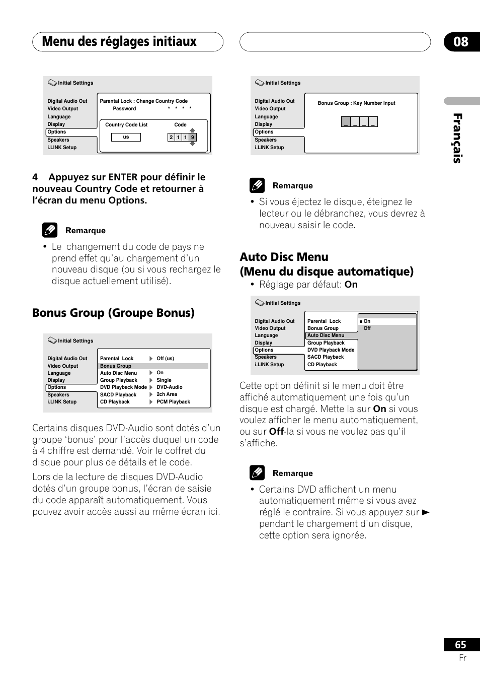 Bonus group auto disc menu, Menu des réglages initiaux 08, Français | Bonus group (groupe bonus), Auto disc menu (menu du disque automatique), Réglage par défaut: on | Pioneer DV-757Ai User Manual | Page 65 / 172