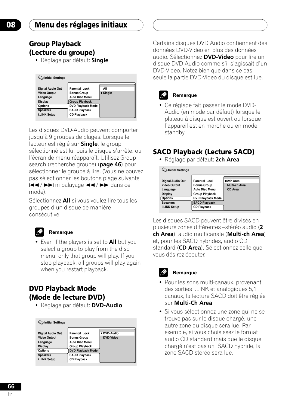 Group playback dvd playback mode sacd playback, Menu des réglages initiaux 08, Group playback (lecture du groupe) | Dvd playback mode (mode de lecture dvd), Sacd playback (lecture sacd), Réglage par défaut: single, Réglage par défaut: dvd-audio, Réglage par défaut: 2ch area | Pioneer DV-757Ai User Manual | Page 66 / 172