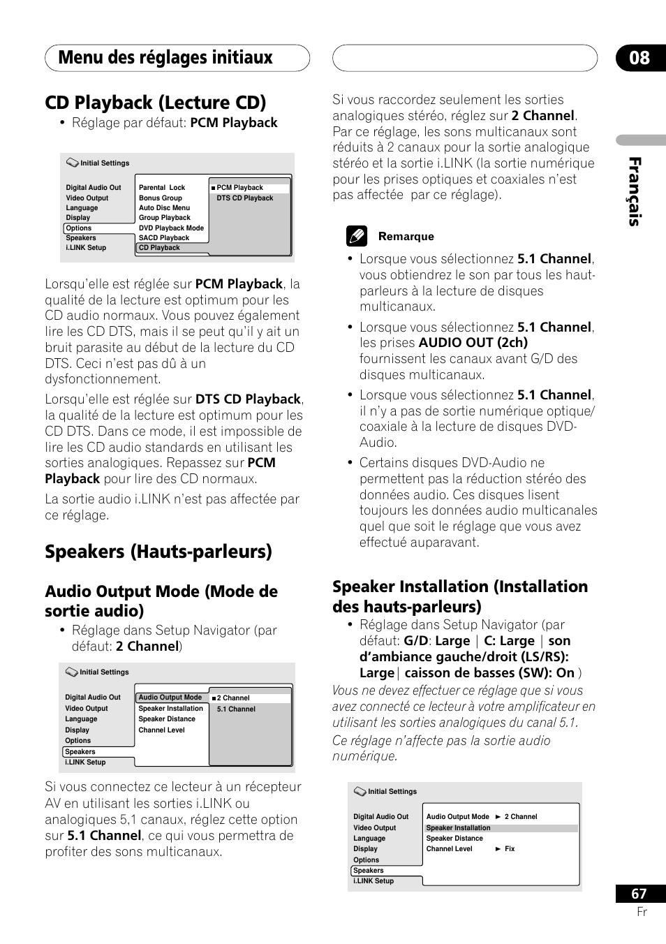 Cd playback, Speakers, Audio output mode speaker installation | Menu des réglages initiaux 08, Cd playback (lecture cd), Speakers (hauts-parleurs), Français, Audio output mode (mode de sortie audio), Réglage par défaut: pcm playback | Pioneer DV-757Ai User Manual | Page 67 / 172
