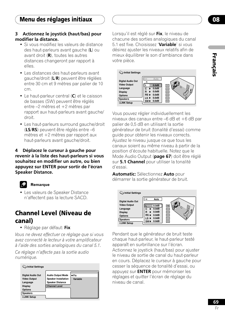 Channel level, Menu des réglages initiaux 08, Channel level (niveau de canal) | Français | Pioneer DV-757Ai User Manual | Page 69 / 172