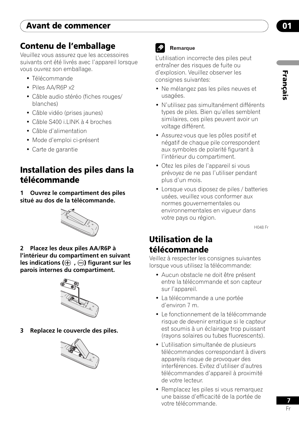Avant de commencer 01, Utilisation de la télécommande, Contenu de l’emballage | Installation des piles dans la télécommande | Pioneer DV-757Ai User Manual | Page 7 / 172