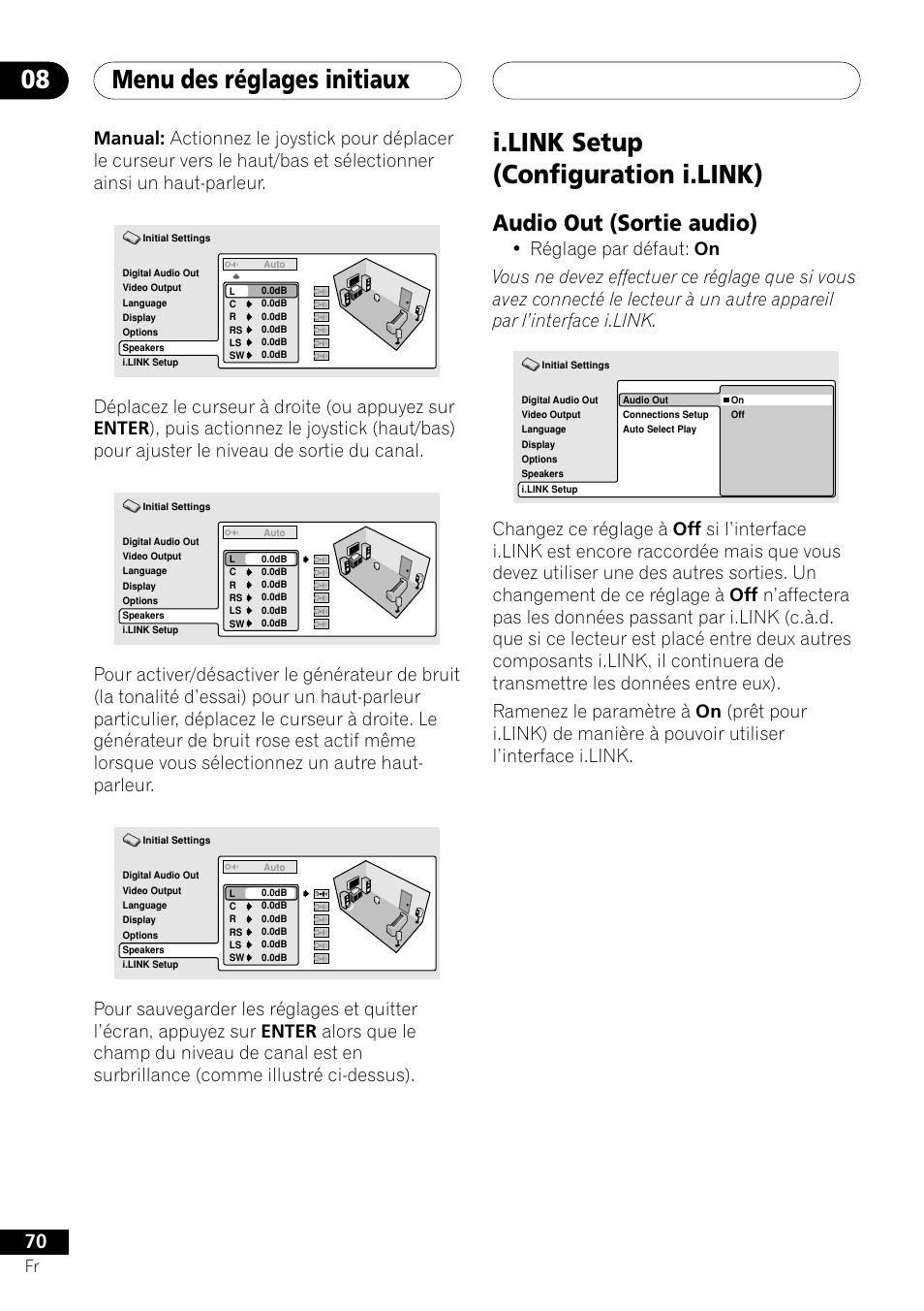 I.link setup, Audio out, Menu des réglages initiaux 08 | I.link setup (configuration i.link), Audio out (sortie audio) | Pioneer DV-757Ai User Manual | Page 70 / 172