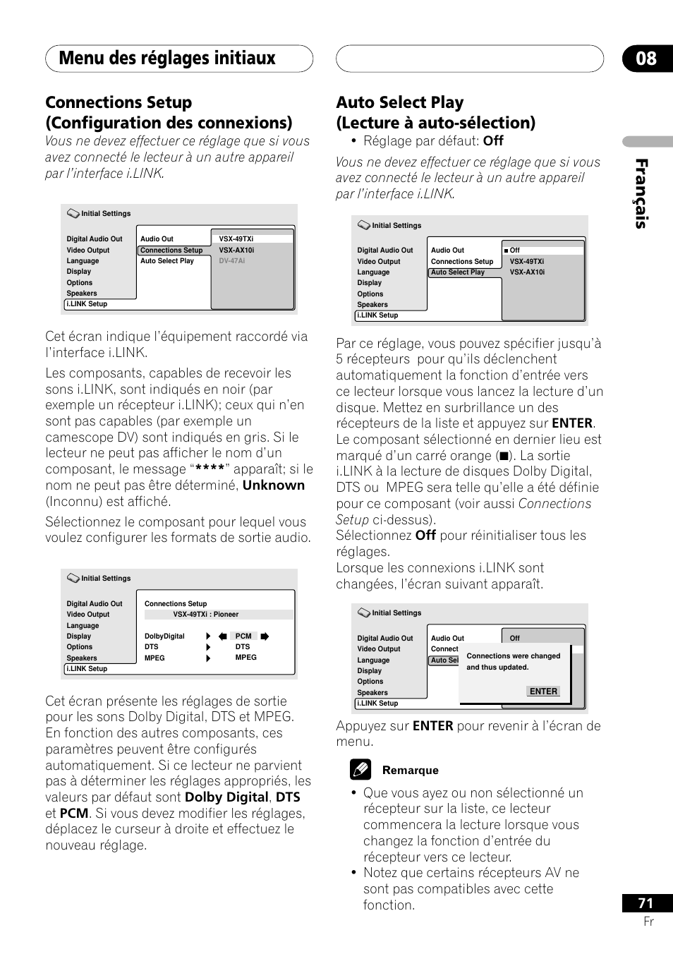 Connections setup auto select play, Menu des réglages initiaux 08, Auto select play (lecture à auto-sélection) | Appuyez sur enter pour revenir à l’écran de menu | Pioneer DV-757Ai User Manual | Page 71 / 172