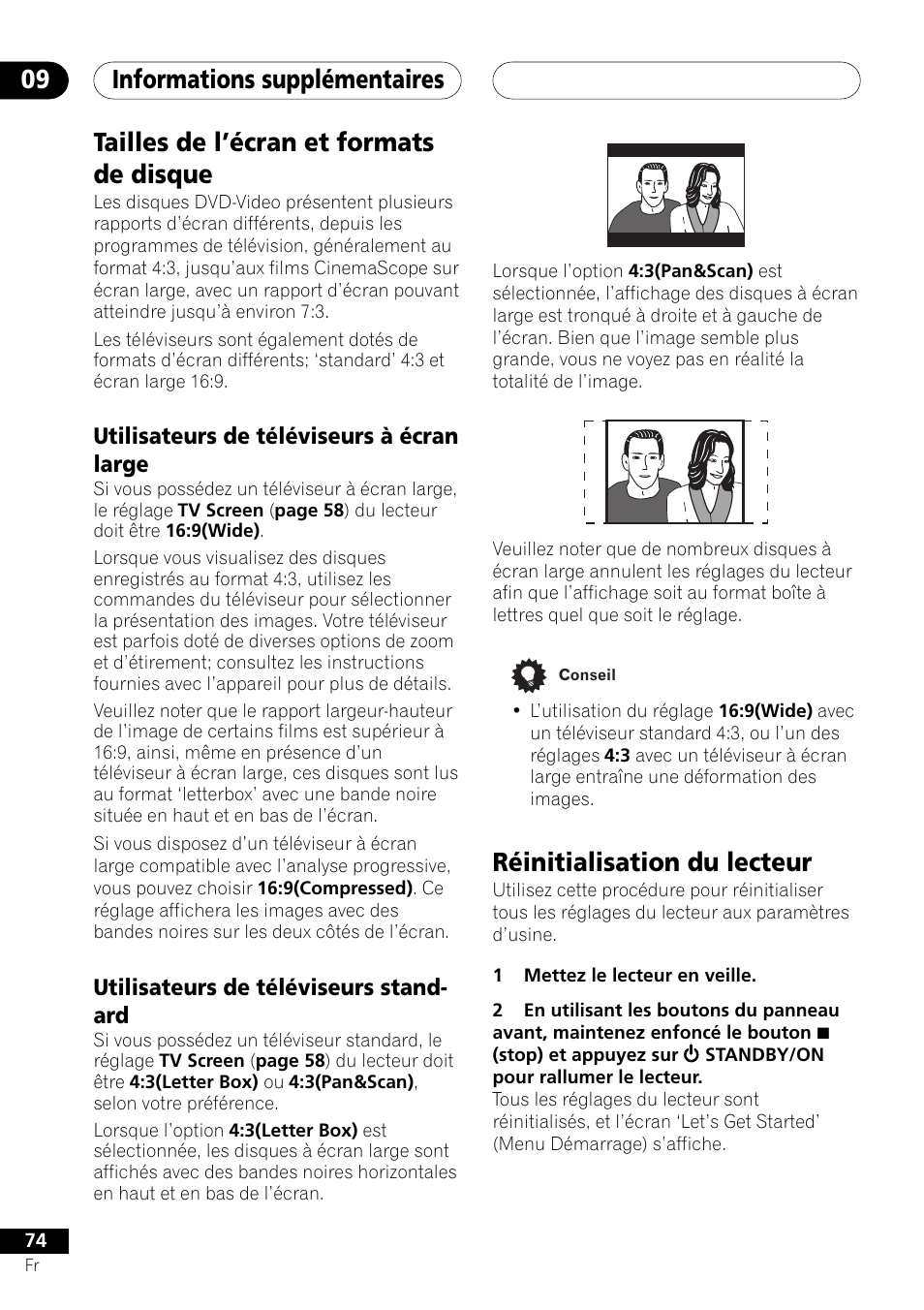 Tailles de l’écran et formats de disque, Réinitialisation du lecteur, Informations supplémentaires 09 | Pioneer DV-757Ai User Manual | Page 74 / 172