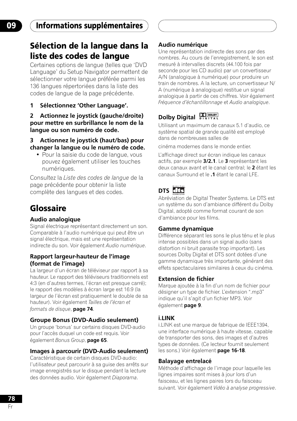 Informations supplémentaires 09, Glossaire | Pioneer DV-757Ai User Manual | Page 78 / 172