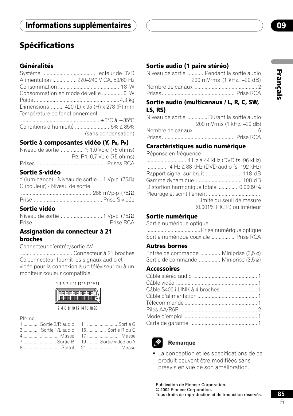 Spécifications, Informations supplémentaires 09, Français | Pioneer DV-757Ai User Manual | Page 85 / 172