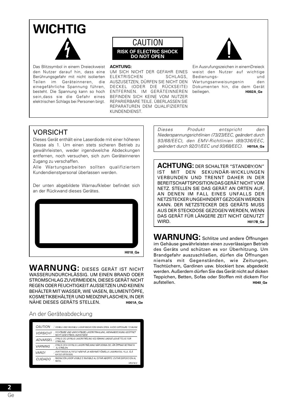 Wichtig, Class 1 laser product, Caution | Warnung, Vorsicht, Achtung | Pioneer DV-757Ai User Manual | Page 86 / 172