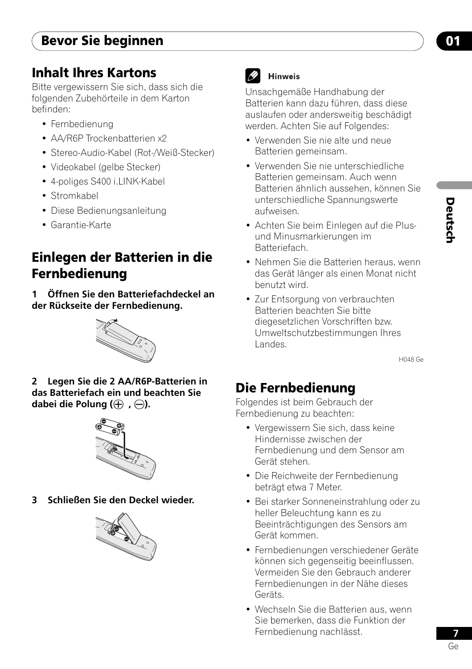 Bevor sie beginnen 01, Die fernbedienung, Inhalt ihres kartons | Einlegen der batterien in die fernbedienung | Pioneer DV-757Ai User Manual | Page 91 / 172