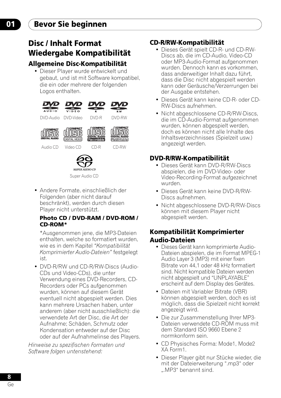 Disc / inhalt format wiedergabe kompatibilität, Bevor sie beginnen 01 | Pioneer DV-757Ai User Manual | Page 92 / 172
