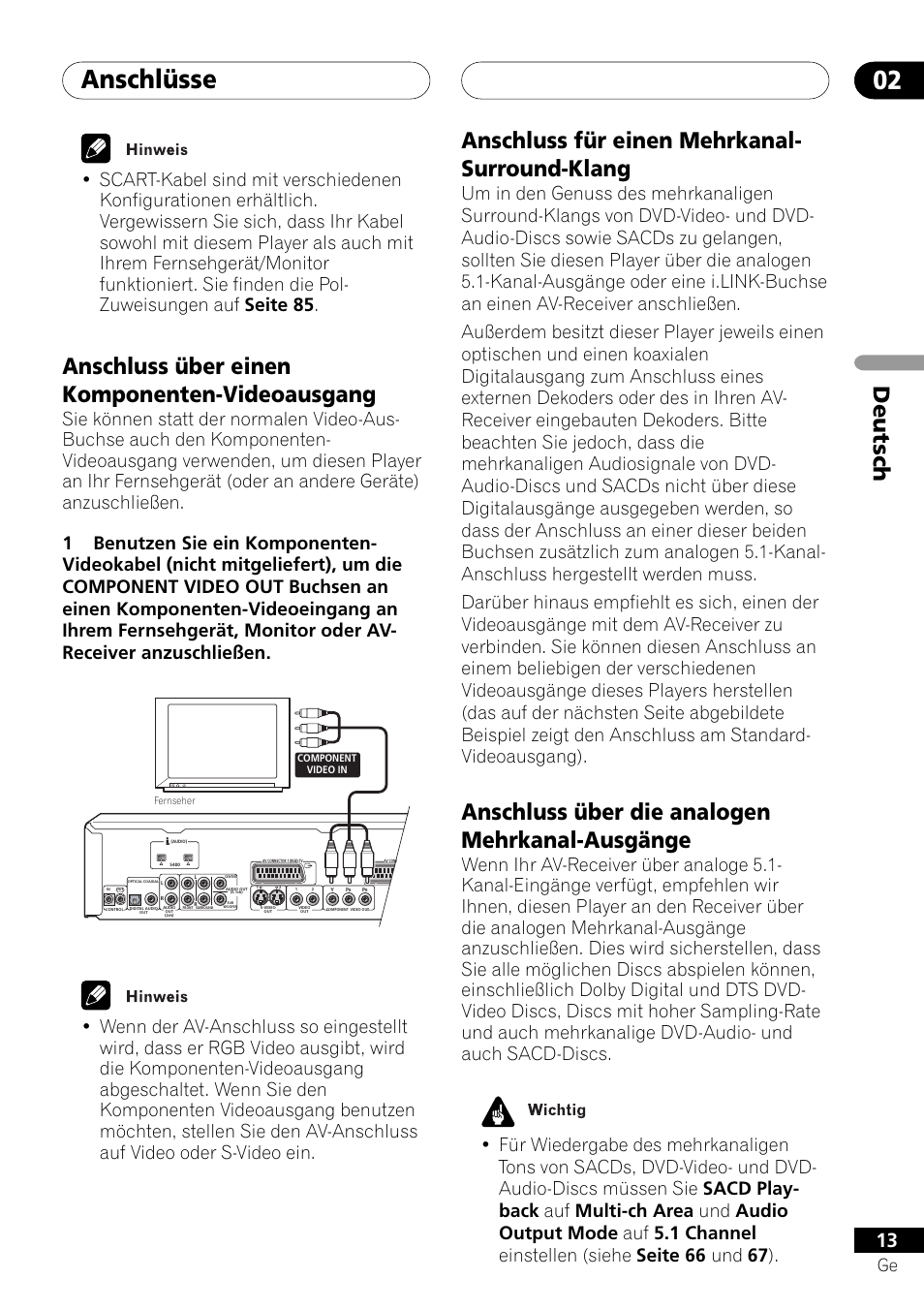 Anschluss über einen komponenten- videoausgang, Anschluss für einen mehrkanal- surround-klang, Anschluss über die analogen mehrkanal-ausgänge | Anschlüsse 02, Deutsch, Anschluss über einen komponenten-videoausgang | Pioneer DV-757Ai User Manual | Page 97 / 172
