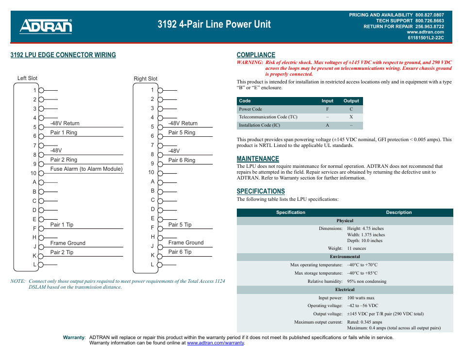 3192 lpu edge connector wiring, Compliance, Maintenance | Specifications | ADTRAN 3192 User Manual | Page 2 / 2