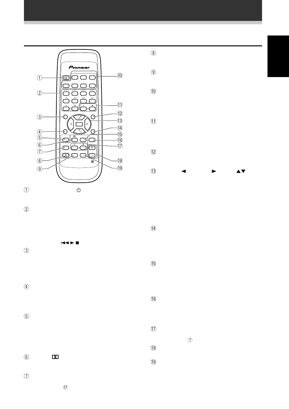 Français, Télécommande, Affichages et commandes | 1 touche source (alimentation), 6 touche, Voir p. 15, 20), 8 touche receiver standby/on, 9 touche function, 0 touches source select, Touches channel/station +/– (voir p. 37) | Pioneer VSX-409RDS User Manual | Page 19 / 120