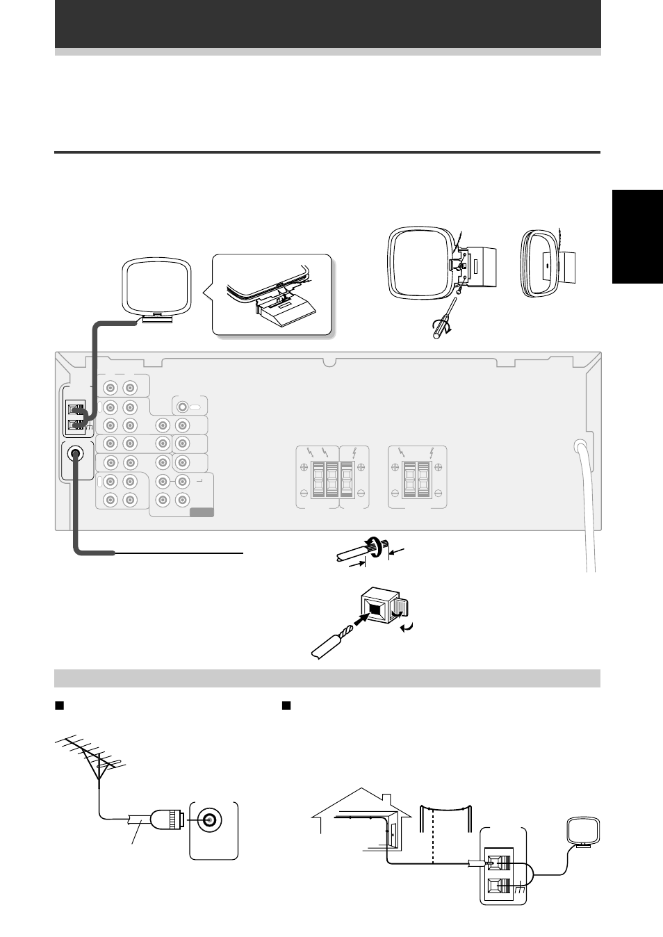 Collegamento del sistema, Collegamento delle antenne, Italiano | Uso di antenne esterne, Antenna fm a filo, 7 per migliorare la ricezione fm, 7 per migliorare la ricezione am, Antenna am a telaio, Connettori a scatto per l'antenna, Cavo coassiale da 75 ω | Pioneer VSX-409RDS User Manual | Page 47 / 120