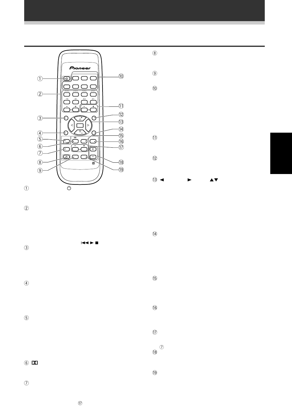 Afstandsbediening, Nederlands, Display en bedieningsorganen | 1 bron source (aan/uit-toets), Toets (zie blz. 15 en 20), 8 receiver aan/uit-toets (receiver standby/on), 9 functietoets (function), 0 component-keuzetoetsen (source select), Dsp functietoets (dsp mode) (zie blz. 22), Dempingstoets (muting) | Pioneer VSX-409RDS User Manual | Page 99 / 120
