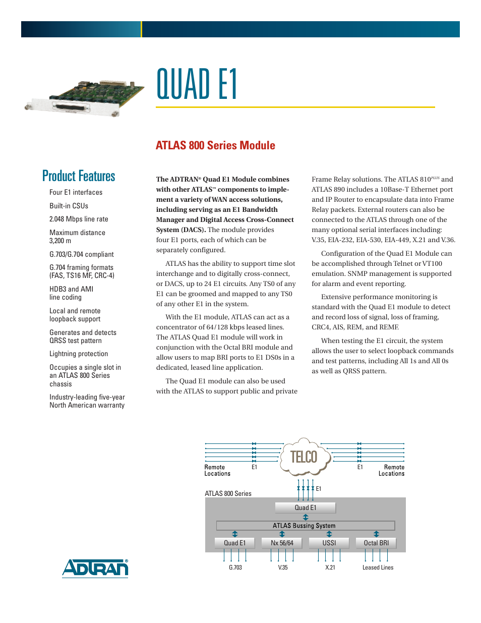 ADTRAN ATLAS 800 Series Module QUAD E1 User Manual | 2 pages