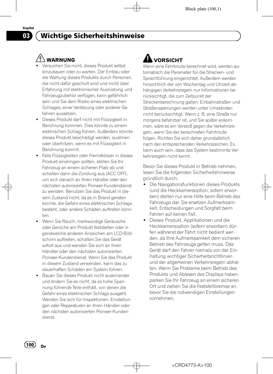 Wichtige sicherheitshinweise, 03 wichtige sicherheitshinweise | Pioneer AVIC-F960BT User Manual | Page 100 / 132