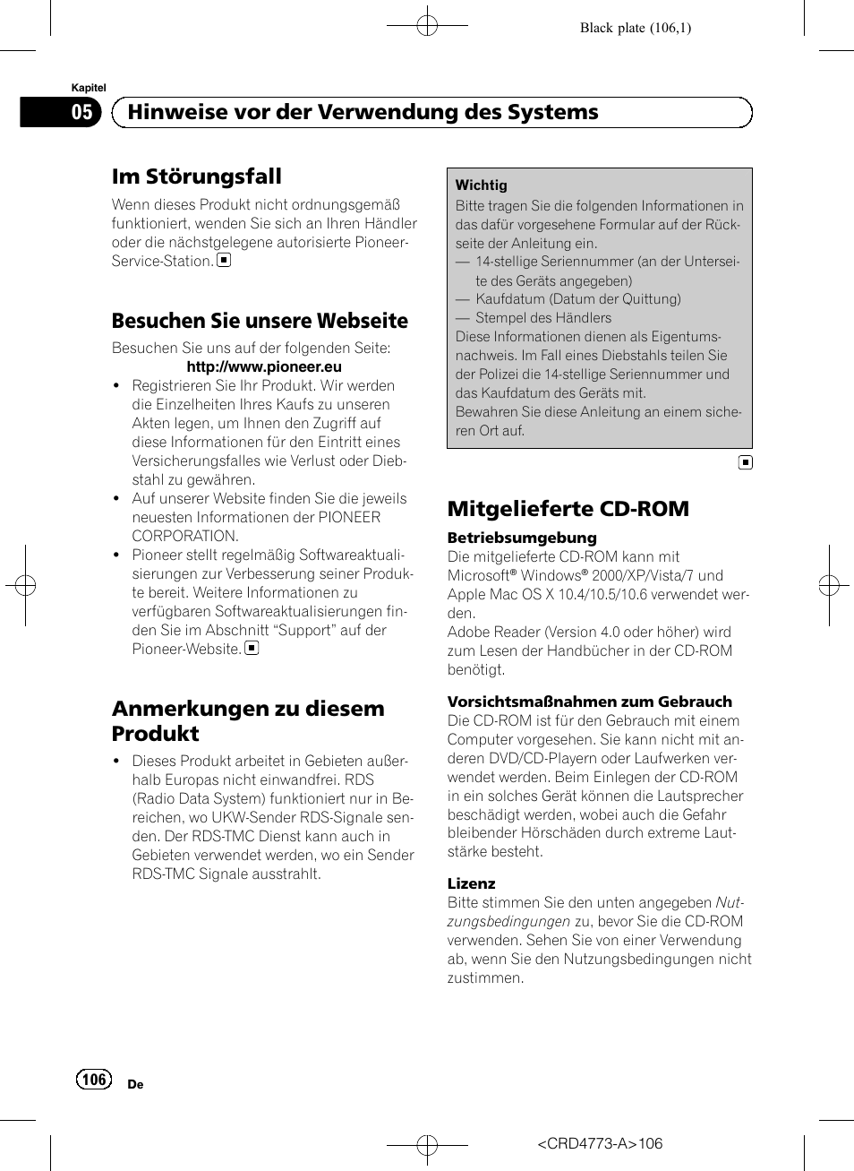 Besuchen sie unsere webseite, Anmerkungen zu diesem produkt, Mitgelieferte cd-rom | Im störungsfall, 05 hinweise vor der verwendung des systems | Pioneer AVIC-F960BT User Manual | Page 106 / 132