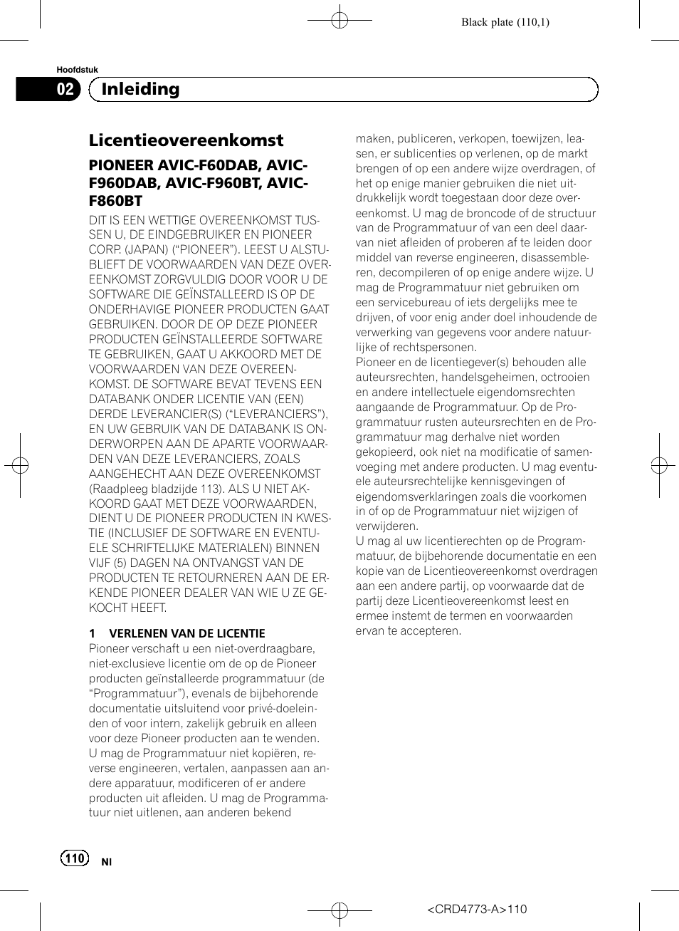 Inleiding licentieovereenkomst, Pioneer avic-f60dab, avic, F960dab, avic-f960bt, avic- f860bt | Licentieovereenkomst, 02 inleiding | Pioneer AVIC-F960BT User Manual | Page 110 / 132