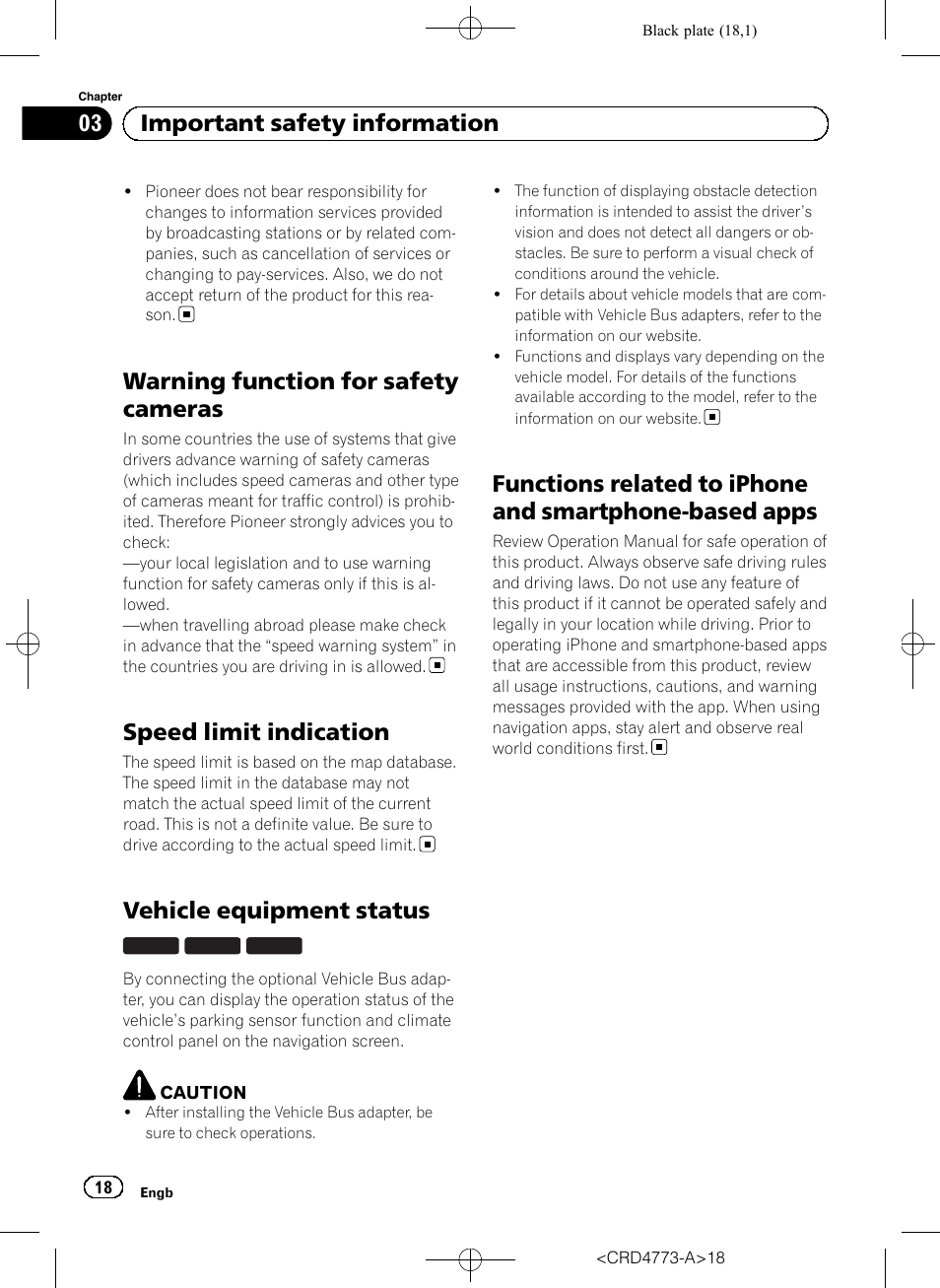 Warning function for safety cameras, Speed limit indication, Vehicle equipment status | Functions related to iphone and smartphone, Based apps, 03 important safety information | Pioneer AVIC-F960BT User Manual | Page 18 / 132