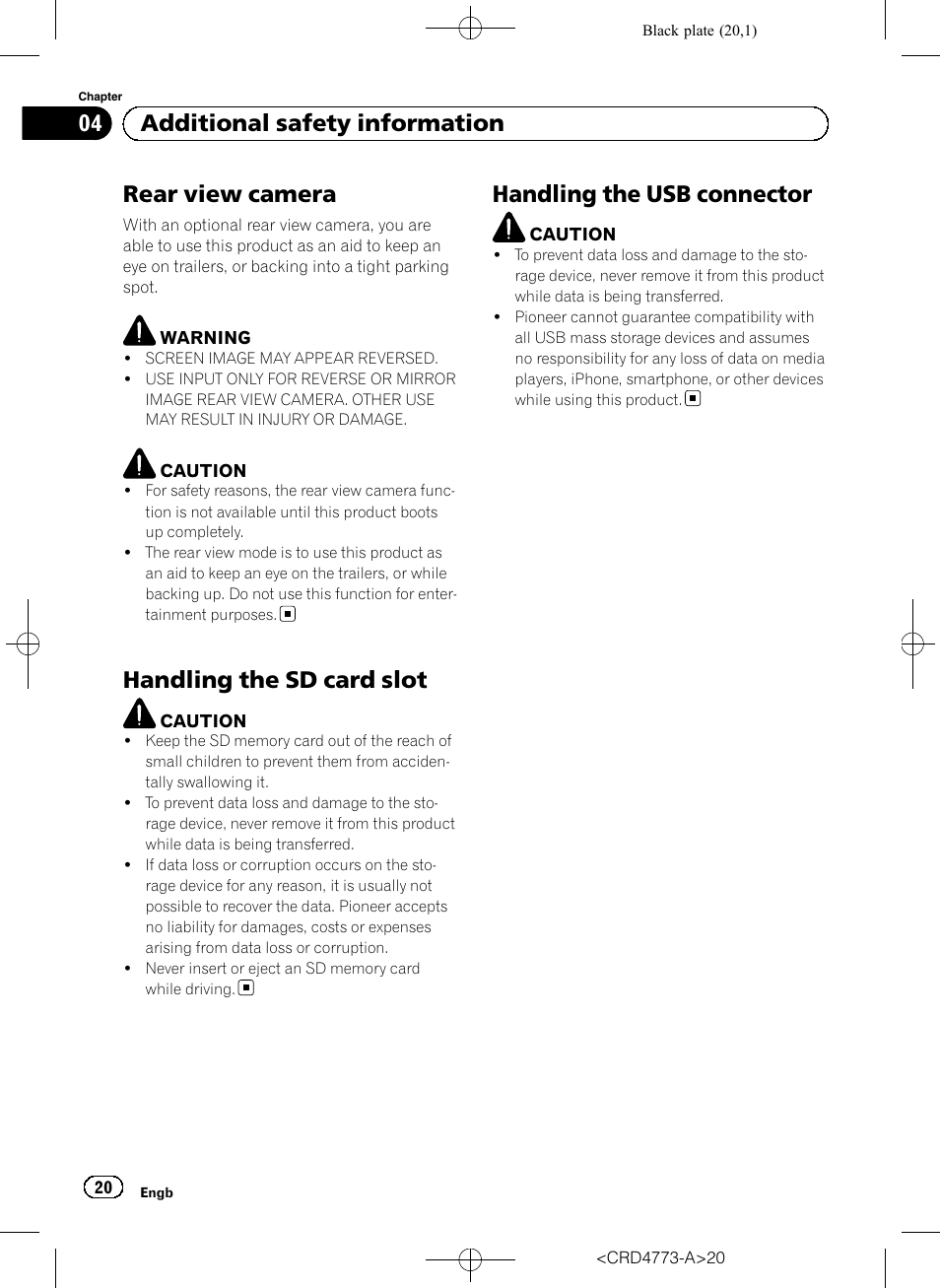 Rear view camera, Handling the sd card slot, Handling the usb connector | 04 additional safety information | Pioneer AVIC-F960BT User Manual | Page 20 / 132