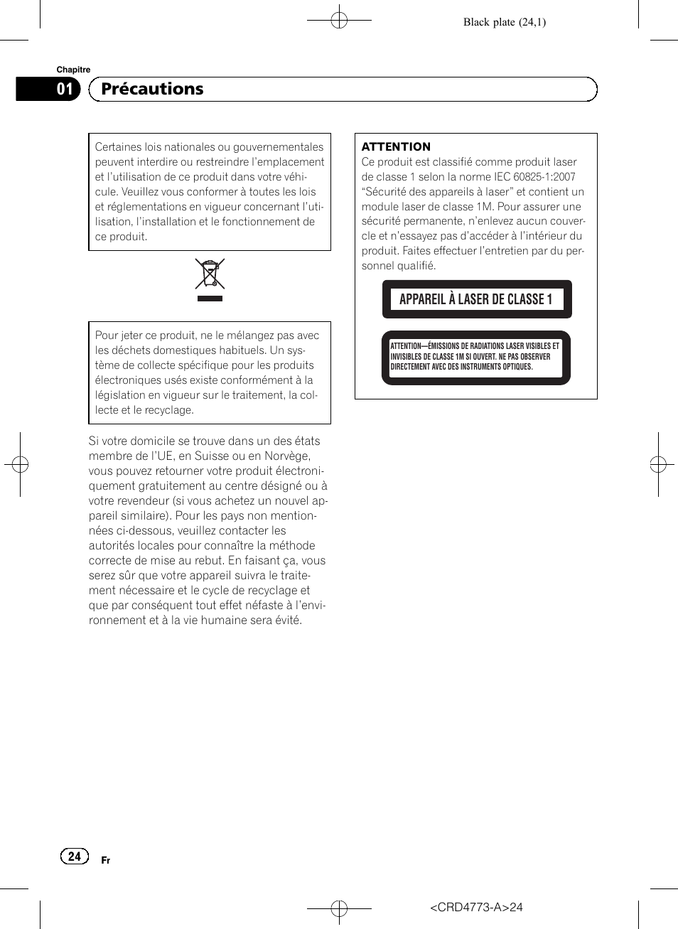 Précautions, 01 précautions, Appareil à laser de classe 1 | Pioneer AVIC-F960BT User Manual | Page 24 / 132