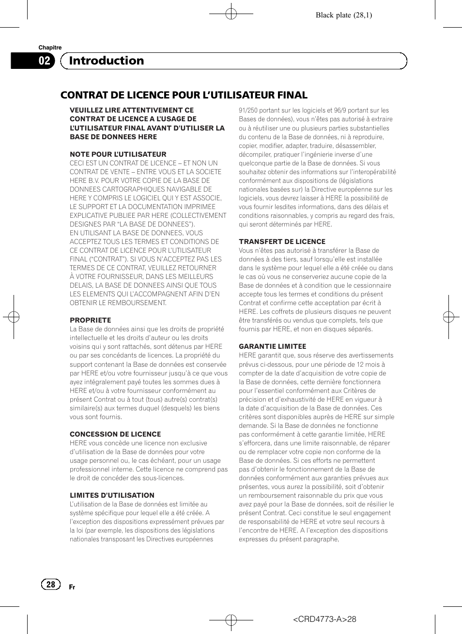 Contrat de licence pour, Utilisateur final 28, 02 introduction | Contrat de licence pour l ’utilisateur final | Pioneer AVIC-F960BT User Manual | Page 28 / 132