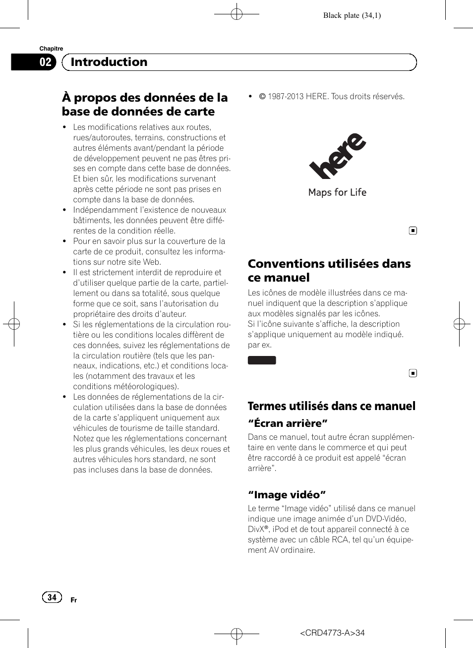 À propos des données de la base de données, De carte, Conventions utilisées dans ce manuel | Termes utilisés dans ce manuel, Écran arrière” 34, Image vidéo” 34, 02 introduction, Écran arrière, Image vidéo | Pioneer AVIC-F960BT User Manual | Page 34 / 132
