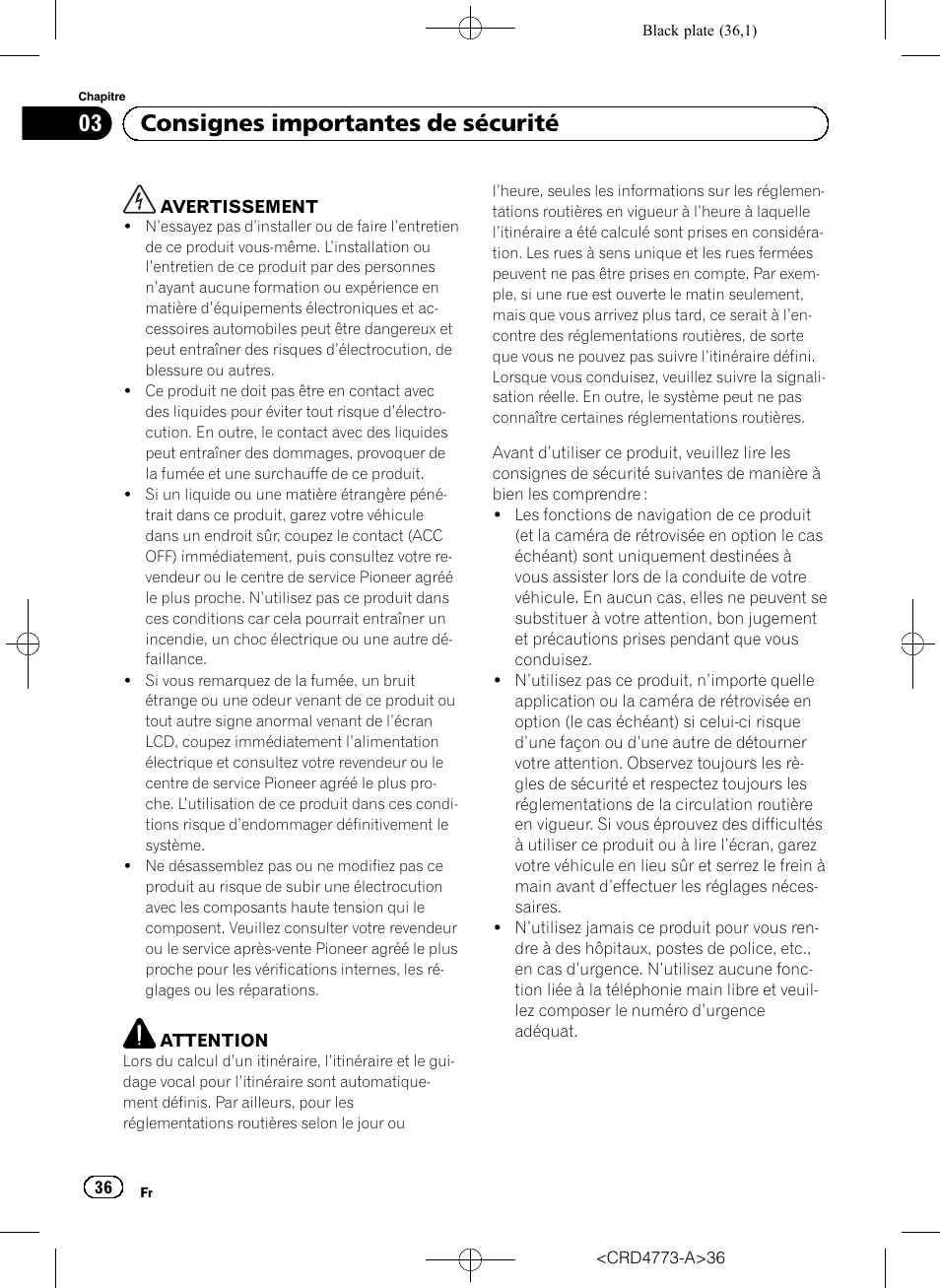 Consignes importantes de sécurité, 03 consignes importantes de sécurité | Pioneer AVIC-F960BT User Manual | Page 36 / 132