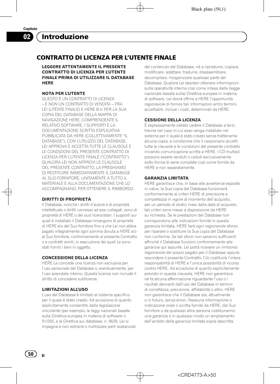 Contratto di licenza per, Utente finale 50, 02 introduzione | Contratto di licenza per l ’utente finale | Pioneer AVIC-F960BT User Manual | Page 50 / 132