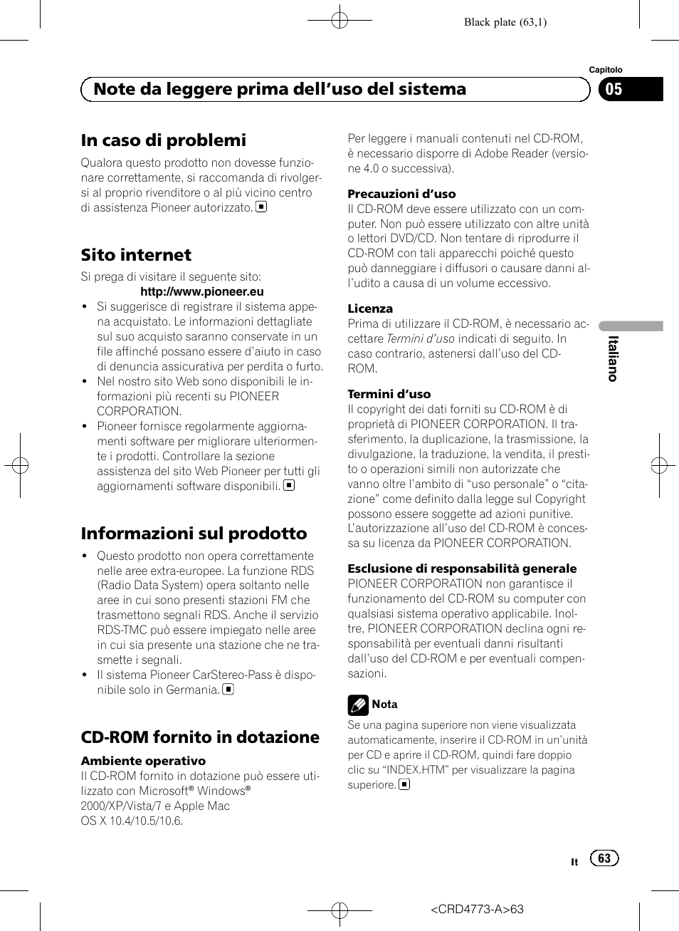 Note da leggere prima dell, Uso del, Sistema in caso di problemi | Sito internet, Informazioni sul prodotto, Cd-rom fornito in dotazione | Pioneer AVIC-F960BT User Manual | Page 63 / 132