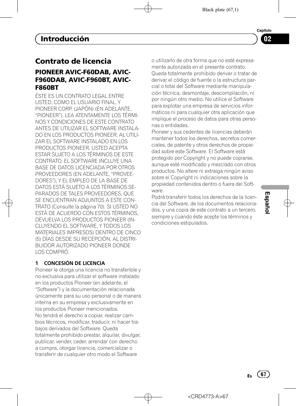 Introducción contrato de licencia, Pioneer avic-f60dab, avic, F960dab, avic-f960bt, avic- f860bt | Contrato de licencia, 02 introducción | Pioneer AVIC-F960BT User Manual | Page 67 / 132