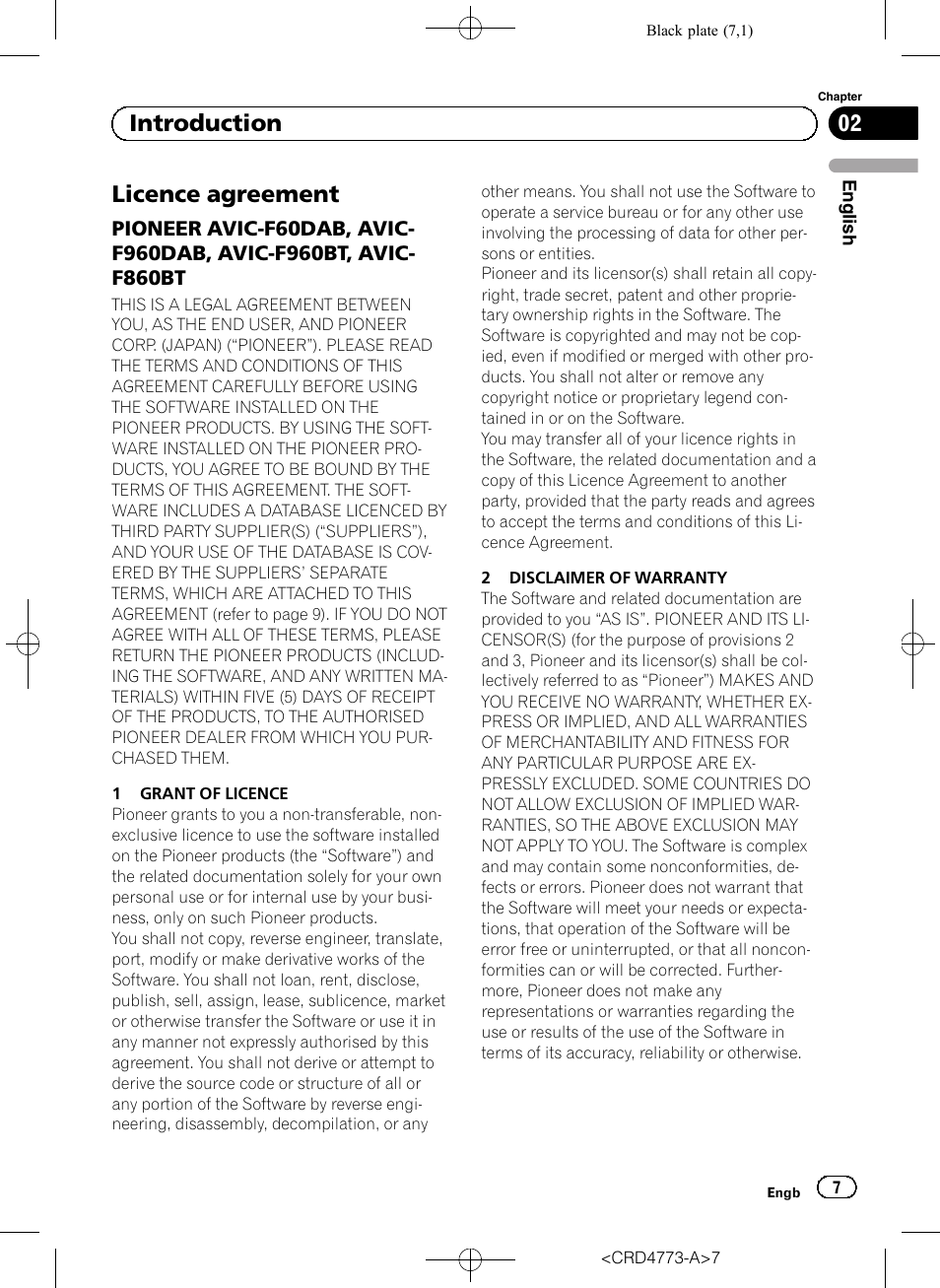 Introduction licence agreement, Pioneer avic-f60dab, avic, F960dab, avic-f960bt, avic- f860bt | Licence agreement, 02 introduction | Pioneer AVIC-F960BT User Manual | Page 7 / 132