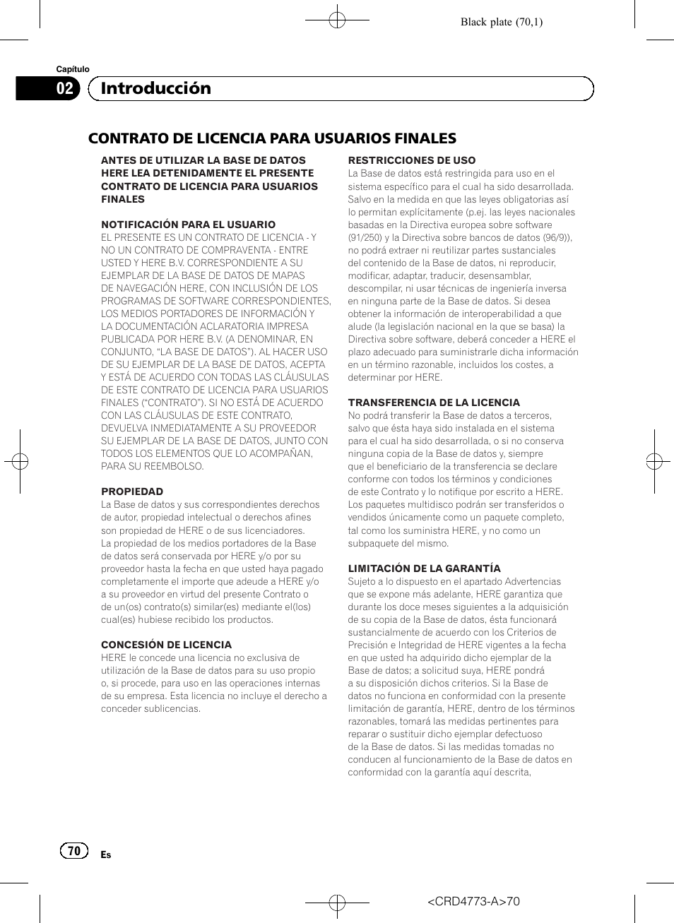 Contrato de licencia para, Usuarios finales, 02 introducción | Contrato de licencia para usuarios finales | Pioneer AVIC-F960BT User Manual | Page 70 / 132