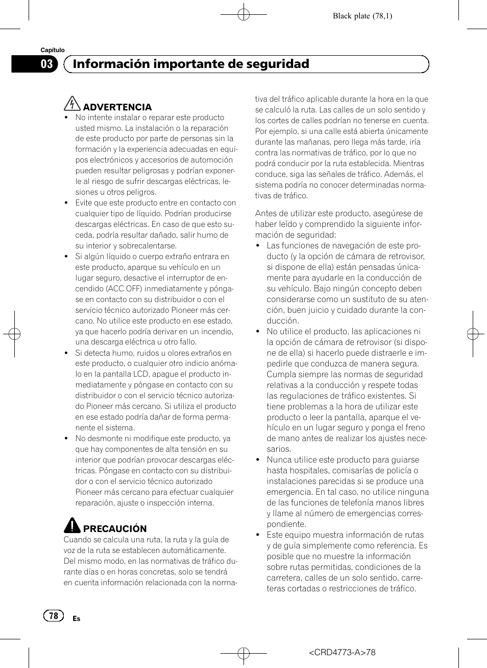 Información importante de seguridad, 03 información importante de seguridad | Pioneer AVIC-F960BT User Manual | Page 78 / 132