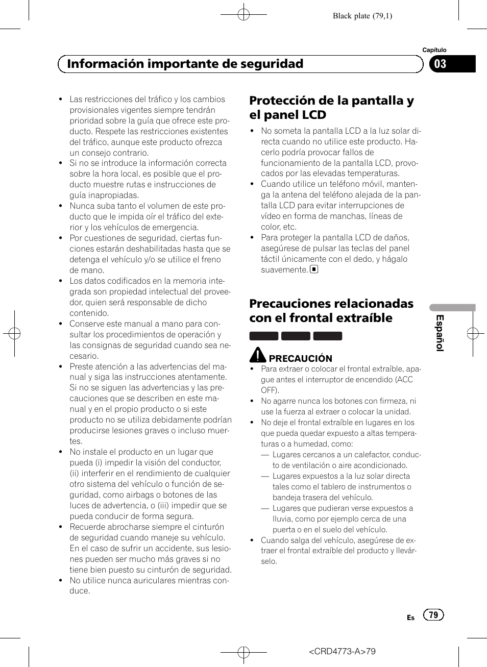 Protección de la pantalla y el panel lcd, Precauciones relacionadas con el frontal, Extraíble | Precauciones relacionadas con el frontal extraíble, 03 información importante de seguridad | Pioneer AVIC-F960BT User Manual | Page 79 / 132