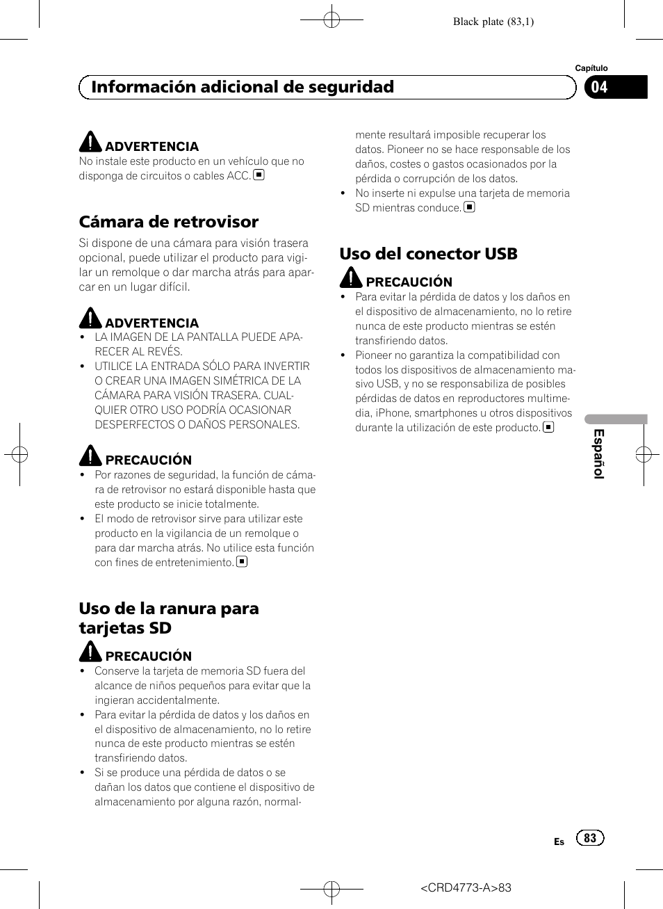 Cámara de retrovisor, Uso de la ranura para tarjetas sd, Uso del conector usb | 04 información adicional de seguridad | Pioneer AVIC-F960BT User Manual | Page 83 / 132