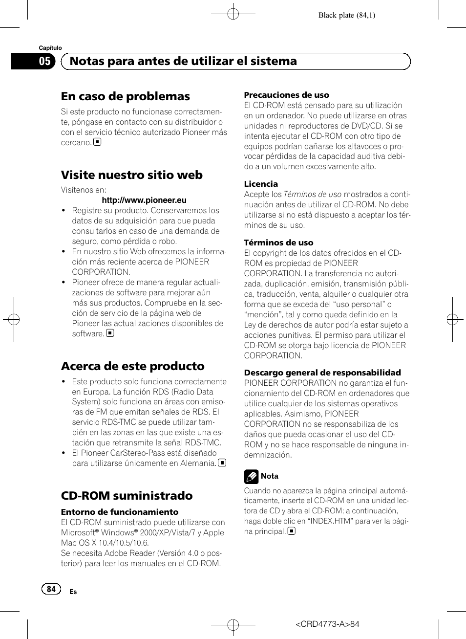 Visite nuestro sitio web, Acerca de este producto, Cd-rom suministrado | En caso de problemas, 05 notas para antes de utilizar el sistema | Pioneer AVIC-F960BT User Manual | Page 84 / 132
