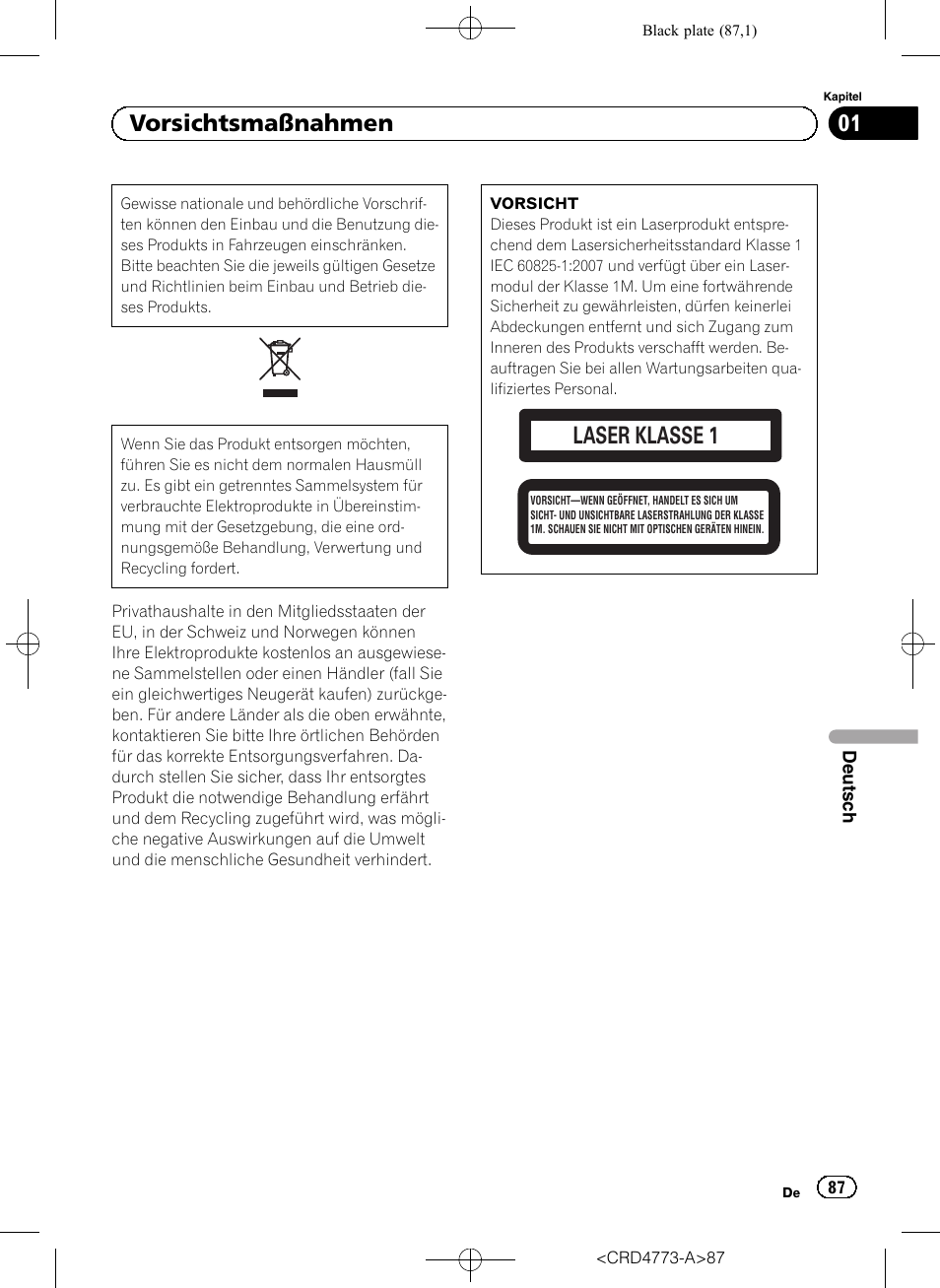Vorsichtsmaßnahmen, Laser klasse 1, 01 vorsichtsmaßnahmen | Pioneer AVIC-F960BT User Manual | Page 87 / 132