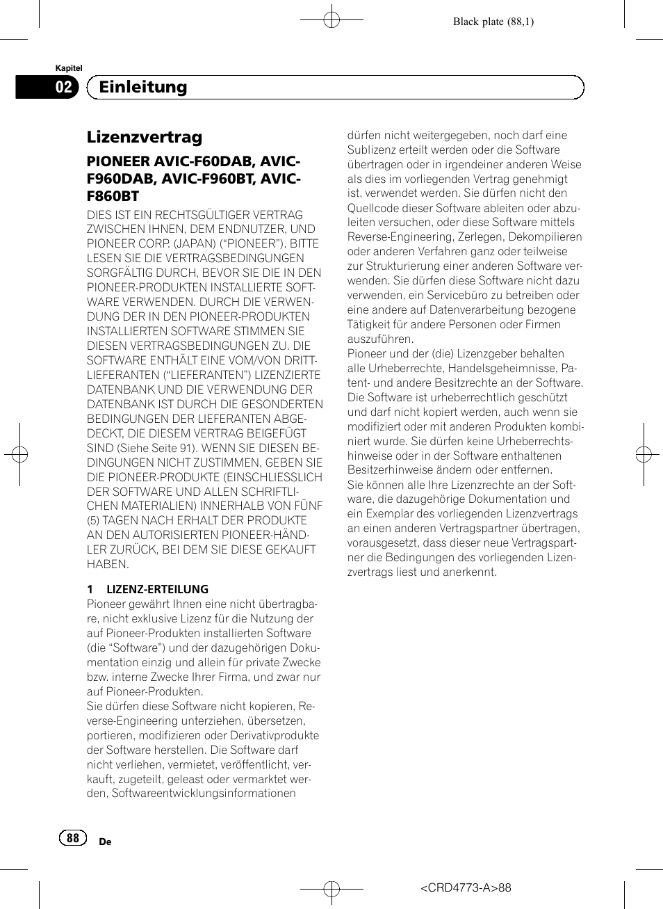 Einleitung lizenzvertrag, Pioneer avic-f60dab, avic, F960dab, avic-f960bt, avic- f860bt | Lizenzvertrag, 02 einleitung | Pioneer AVIC-F960BT User Manual | Page 88 / 132