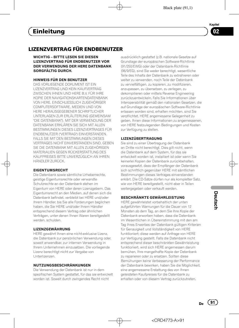 Lizenzvertrag für, Endbenutzer, 02 einleitung | Lizenzvertrag für endbenutzer | Pioneer AVIC-F960BT User Manual | Page 91 / 132