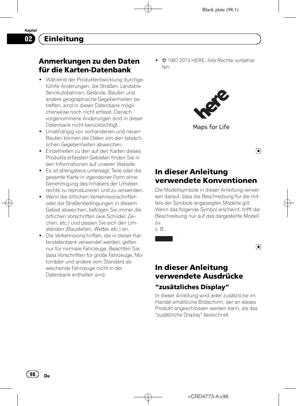 Anmerkungen zu den daten für die karten, Datenbank, In dieser anleitung verwendete | Konventionen, Ausdrücke, Zusätzliches display” 98, Anmerkungen zu den daten für die karten-datenbank, 02 einleitung | Pioneer AVIC-F960BT User Manual | Page 98 / 132