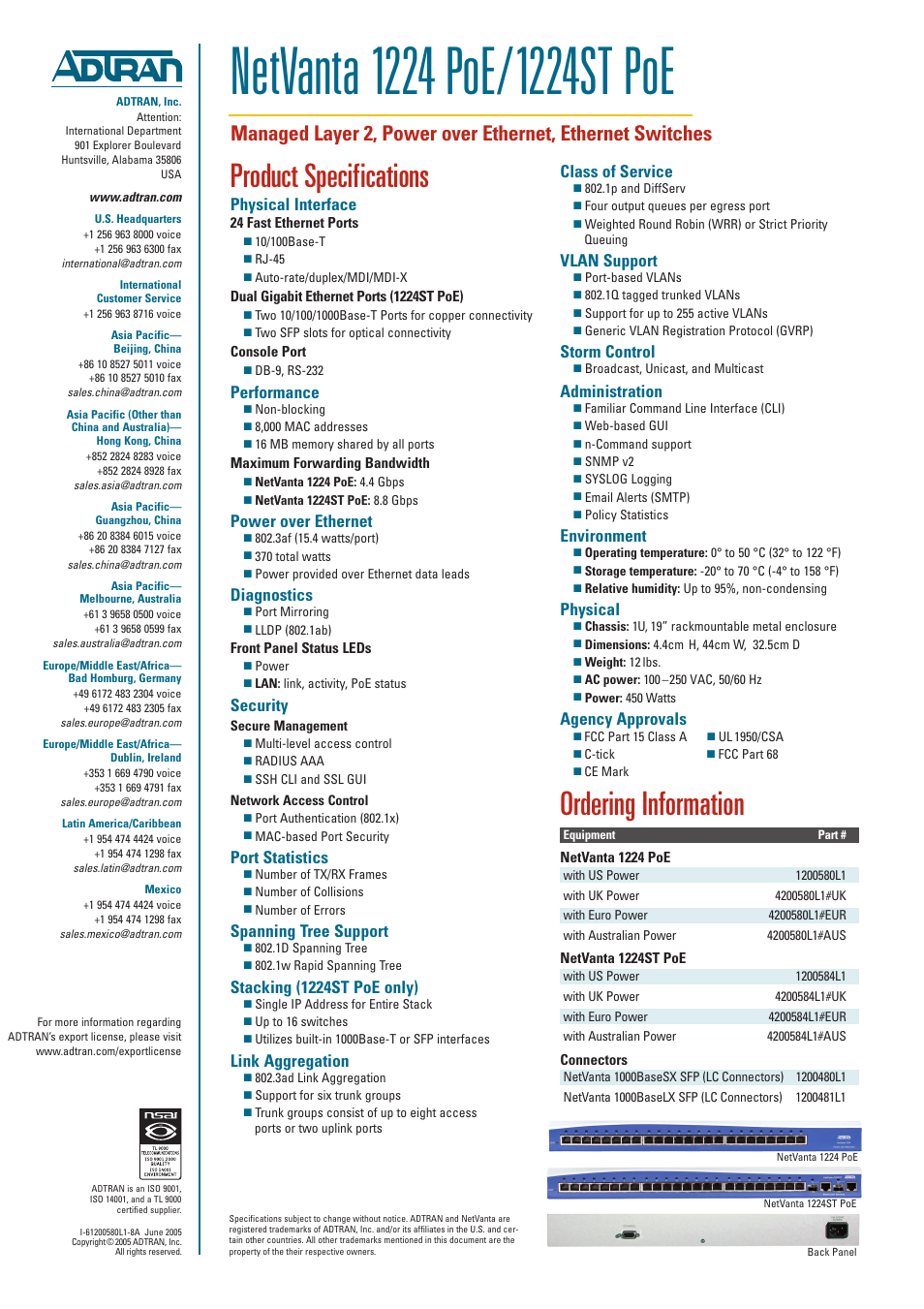 Product specifications, Ordering information, Physical interface | Performance, Power over ethernet, Diagnostics, Security, Port statistics, Spanning tree support, Stacking (1224st poe only) | ADTRAN NetVanta 1224 PoE User Manual | Page 2 / 2