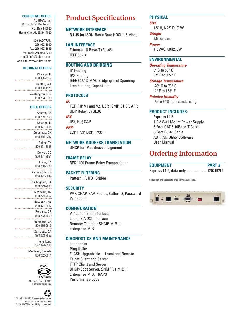 Product specifications, Ordering information, Network interface | Lan interface, Routing and bridging, Protocols, Network address translation, Frame relay, Packet filtering, Security | ADTRAN Express L1.5 User Manual | Page 2 / 2