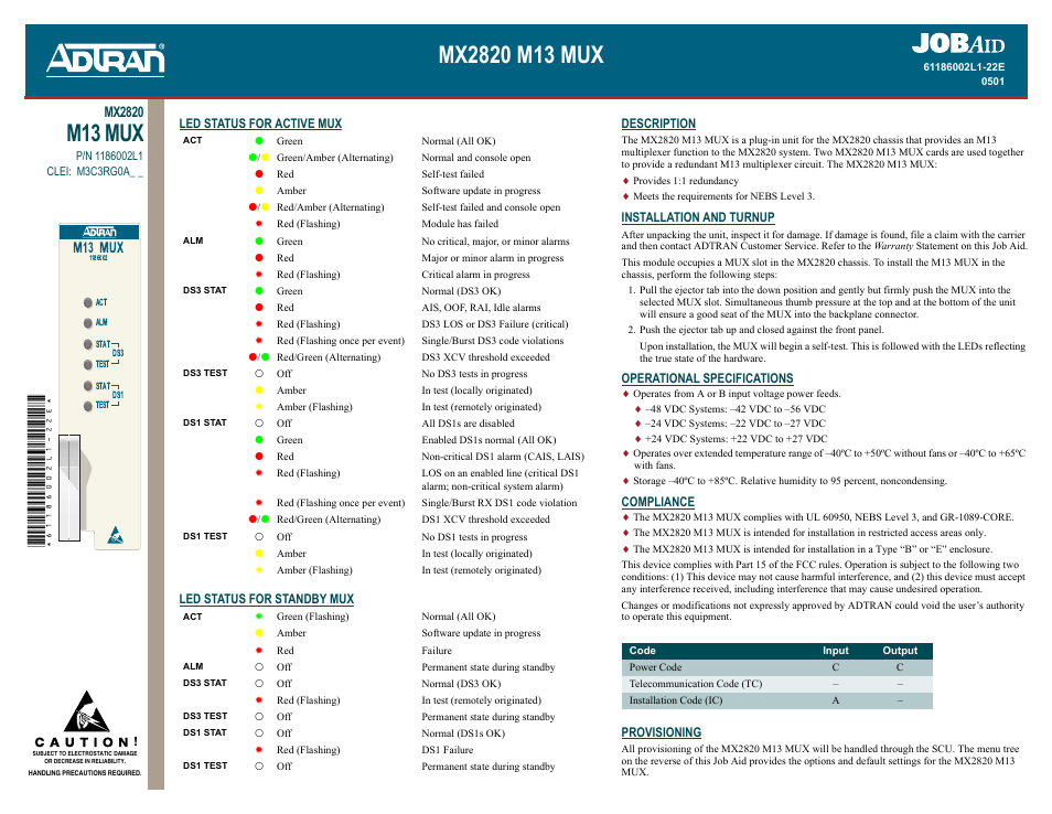 ADTRAN MX2820-48 VDC M13 MUX User Manual | 2 pages